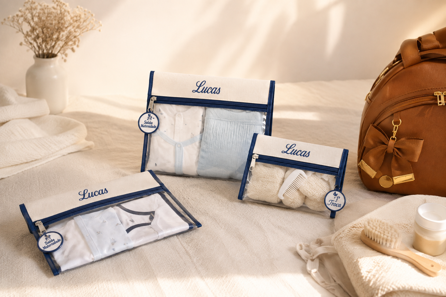Necessaires transparentes com nome bordado ao lado da bolsa maternidade