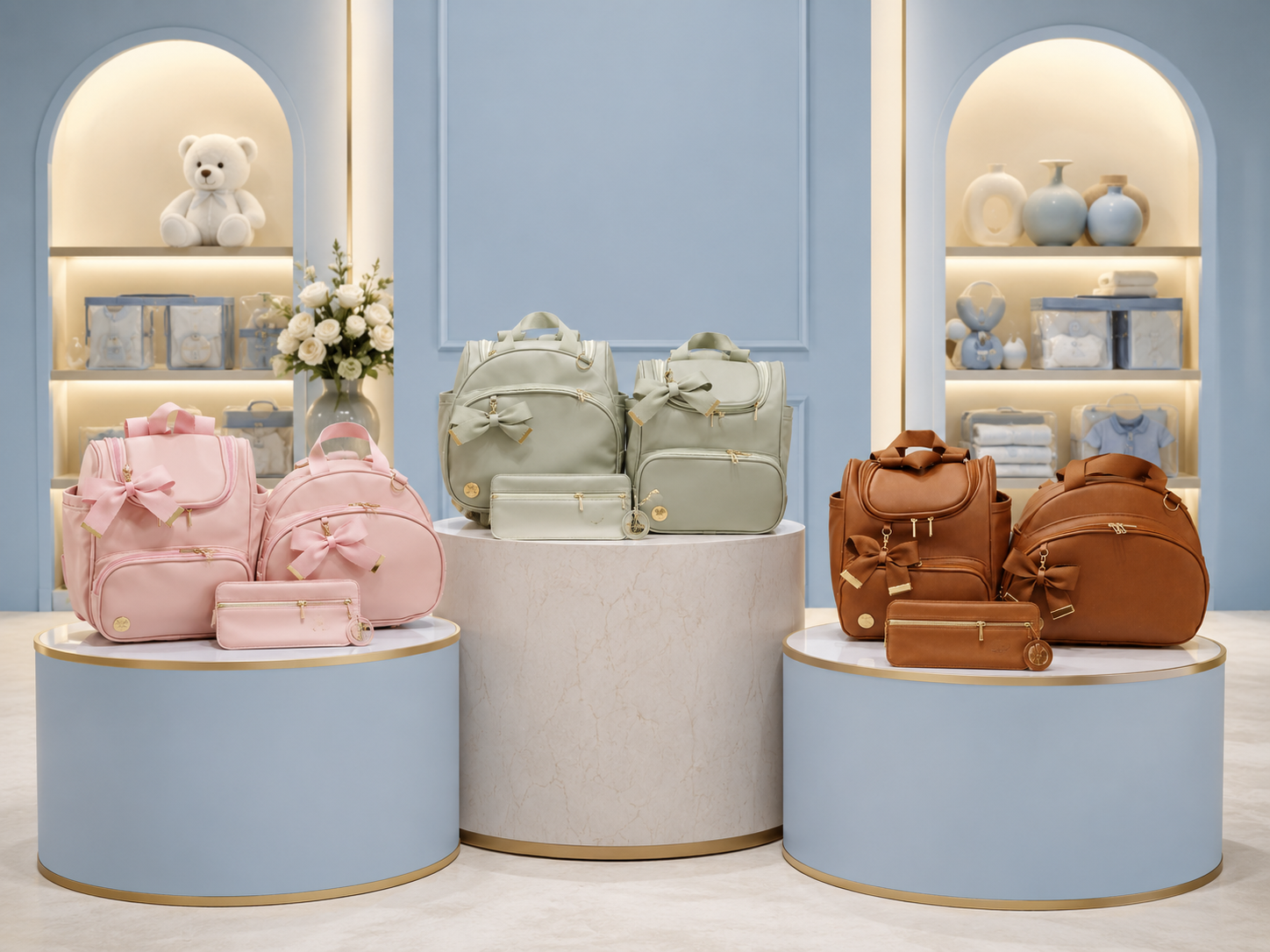 Coleção de kits Mini Belo exposta em pedestais azuis na boutique