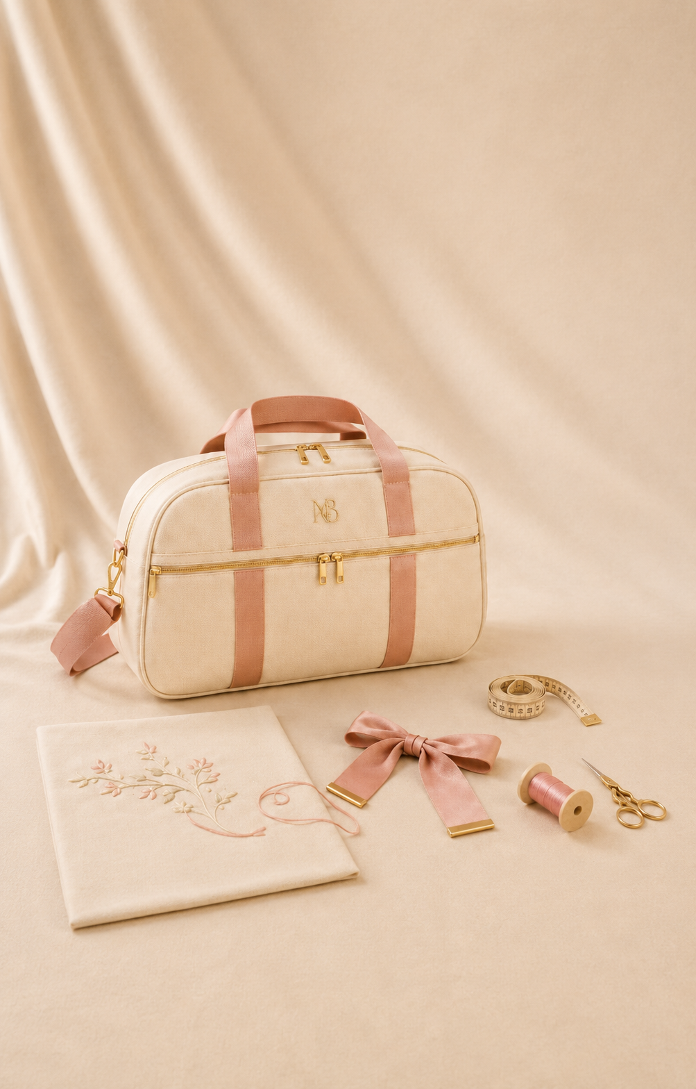 Kit maternidade Mini Belo em bege com detalhes rosé e ferragens douradas