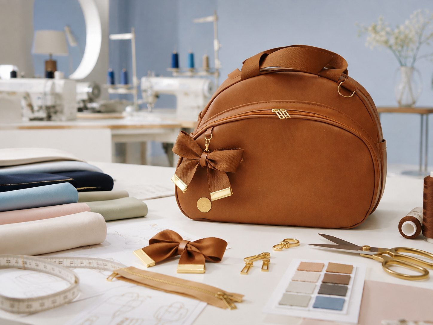 Bancada do ateliê com tecidos, linhas, fita métrica e bolsa em produção