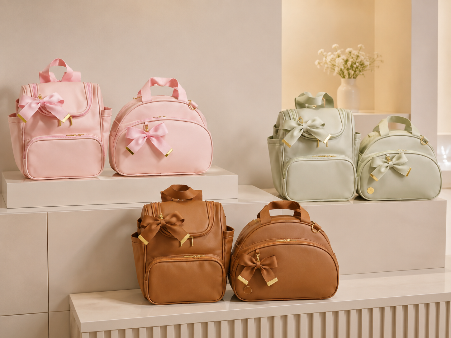 Kits de maternidade rosa, verde sálvia e caramelo prontos em exposição